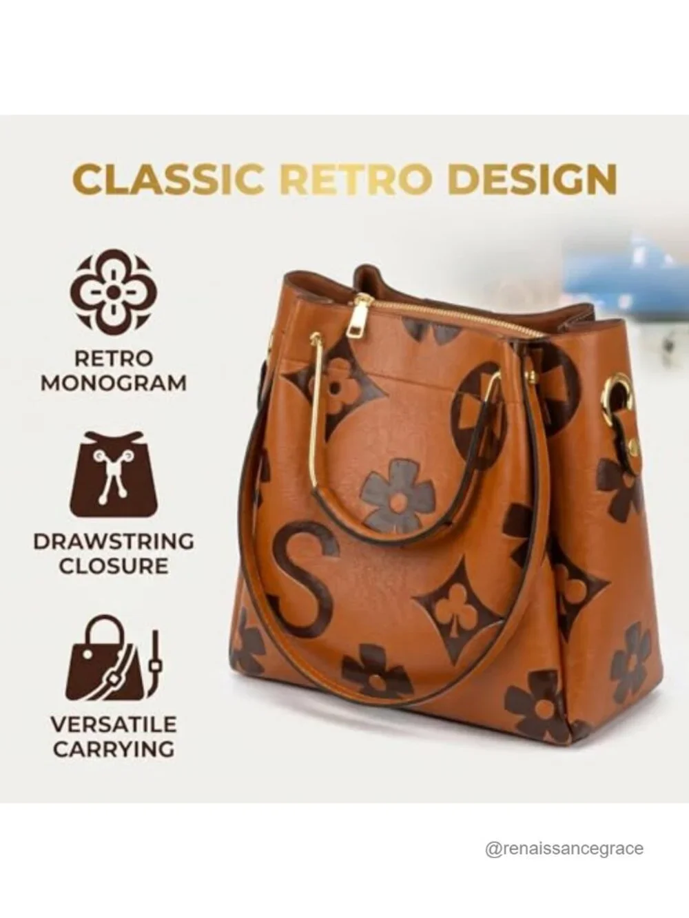 Women's Retro Monogram Crossbody Bag Faux Leather Drawstring Top-Handle Satchel